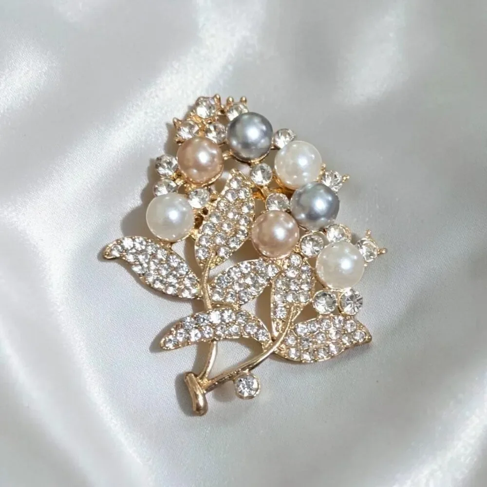 Pearl Rhinestone Floral Brooch, Gold Tone Flower Bouquet Pin, Cottagecore Brooch